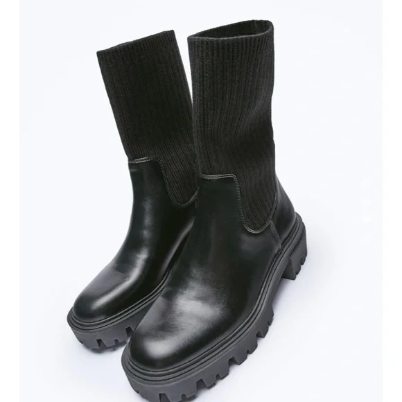 Chunky Boot Flat Sock Ankle Boots With Zip Trf Zara Women Black